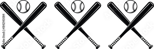 Three black graphic icons of crossed baseball bats and baseballs on white background