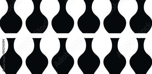 Twelve black silhouette vases with varied bulbous bodies and narrow necks on white background