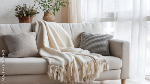Cloud Dancer Cozy Beige Sofa with White Blanket and Pillows in Bright Minimalist Living Room Interior Colour of the Year 2026