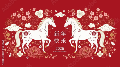 Vibrant red chinese new year 2026 greeting card with white horses flowers and clouds