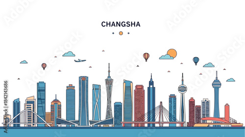 Skyline illustration of Changsha city, China, featuring modern architecture and iconic landmarks against a colorful sky