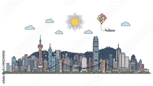 Vibrant vector illustration of a modern Asian metropolis skyline with iconic architectural landmarks and dynamic sky elements, perfect for urban growth and global travel