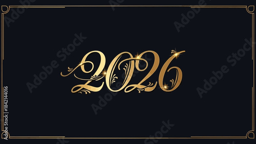 Golden 2026 typography on with elegant design elements and thin gold border