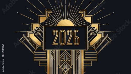 Golden art deco style illustration of 2026 with sunburst and geometric patterns on