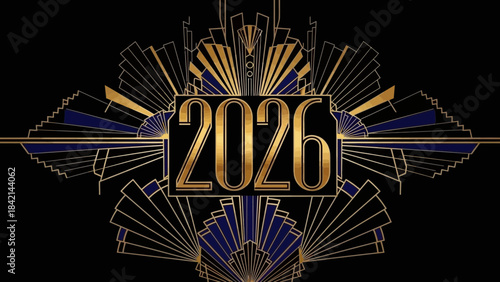 Golden art deco design with 2026 in gold on with blue accents