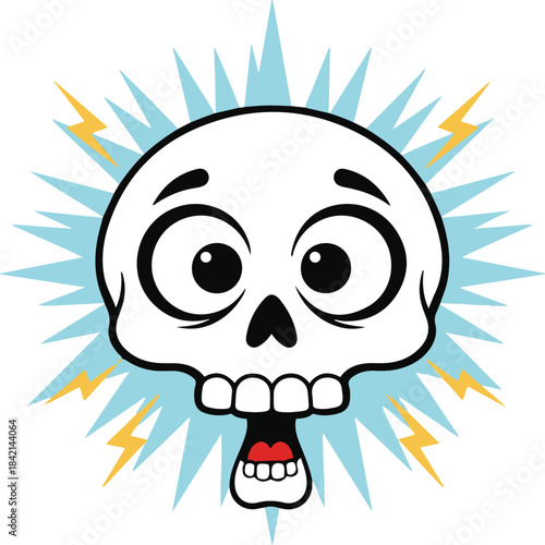 Vector illustration of a shocked cartoon skull with wide eyes and a dropped jaw, surrounded by an electric blue starburst and yellow lightning bolts indicating sudden surprise.