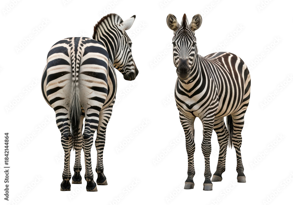 Naklejka premium Two zebras standing on transparent background, one facing forward and the other showing its back and side.