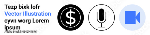 Finance, audio recording, media production, digital communication, technology, content creation. Dollar sign, microphone and video camera symbols in modern graphic style. Finance and audio recording