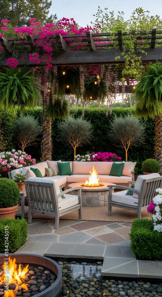 Fototapeta premium Elegant Outdoor Patio with Fire Pit, Cozy Seating, Pergola with Bougainvillea, and String Lights at Dusk.