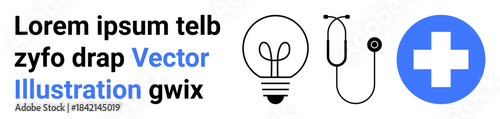 Healthcare, medical innovation, diagnostics, idea generation, medicine, health education. Stethoscope, light bulb and medical cross icon. Healthcare and medical innovation concepts