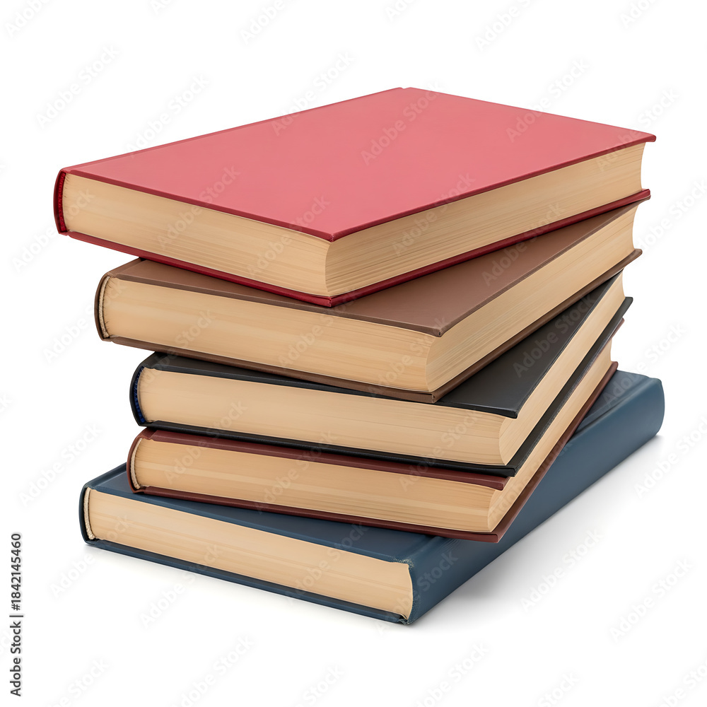 Fototapeta premium Stack of five hardcover books on white background