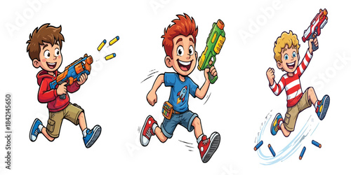 Kids Playing with Nerf Toy Guns Cartoon Vectors