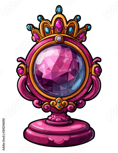 Regal pink hand-drawn magic mirror with crown, fantasy illustration for games, stories, beauty, and royalty themed graphic design. isolated on transparent background