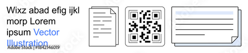 Digital security, data sharing, document processing, card design, QR code usage, business tools. Icons include files, QR code and card. Digital security and data sharing