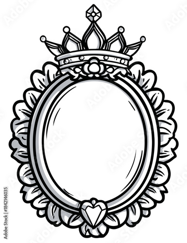 Vintage ornate mirror with crown and floral details, black and white sketch for beauty, fashion, or regal branding. (vector illustration) isolated on transparent background