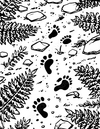 Black and white nature pattern with footprints, leaves, and rocks – seamless repeat for outdoor adventure branding and textiles. isolated on transparent background
