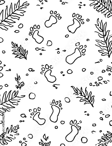 Seamless black and white pattern with animal footprints and tropical leaves, ideal for nature-themed backgrounds and fabric design. isolated on transparent background
