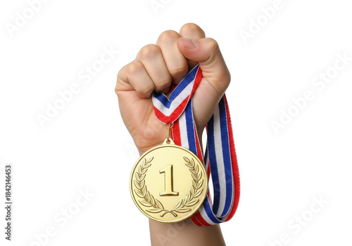 Hand holding a gold medal for first place isolated on transparent background
