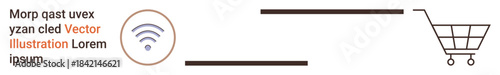 Digital shopping, e-commerce, online purchasing, wireless transactions, retail innovation, network connectivity. wireless symbol linked to a shopping cart icon. E-commerce and online purchasing