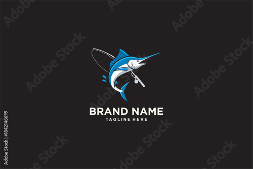 Fishing logo illustration featuring a dynamic marlin fish jumping with a fishing rod. Modern, bold, and sporty design suitable for fishing brands. Vector illustration.