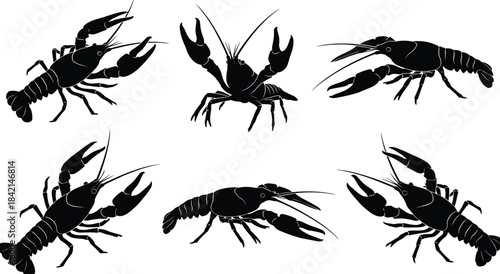 Lobster silhouette icon set, crayfish vector illustration, marine animal clipart, seafood shapes, crustacean poses, black drawing, top view, side viewLobster silhouette icon set