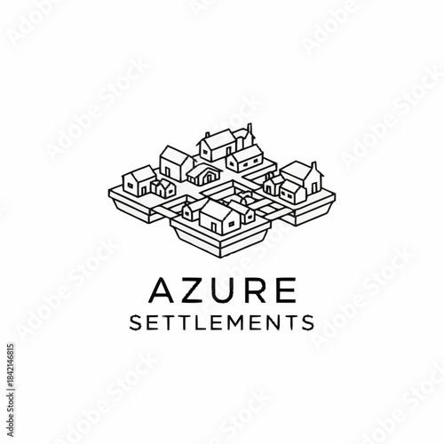 Black and white line art logo for Azure Settlements, featuring a minimalist isometric illustration of a cluster of houses on square platforms.