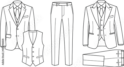 Men’s formal suit illustration set, fashion design vector, tailoring clipart, jacket, vest, trousers, shirt, tie, black line drawingMen’s formal suit illustration set, fashion design vector