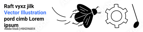 Black fly in motion approaching a gear and pendulum. Ideal for concepts of mechanics, motion, innovation, process analysis, nature, engineering, and a simple landing page
