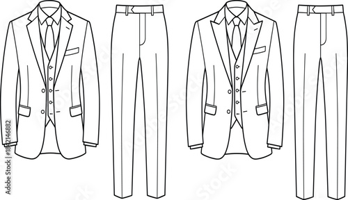 Formal men’s suit illustration, fashion design vector, tailoring clipart, jacket, vest, trousers, shirt, tie, black line drawingFormal men’s suit illustration, fashion design vector