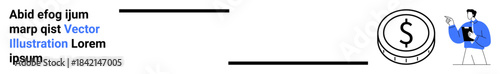 Financial education, online transactions, budget planning, business growth, corporate strategy, investment decisions. Coin symbol and person analyzing data. Financial education and online