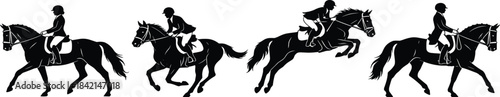 Horse riding, equestrian sport, black silhouettes, jumping sequence, rider posture, gallop motion, vector illustration, animal movement, training, competition, helmet safetyHorse riding