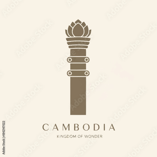 Stylized Cambodian lotus pillar emblem with text 'CAMBODIA KINGDOM OF WONDER' on a light background, representing cultural heritage and travel.