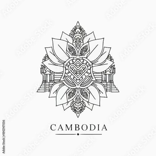 Detailed line art illustration of a lotus flower with a heart and Cambodian temple architecture, featuring the word "CAMBODIA" below.