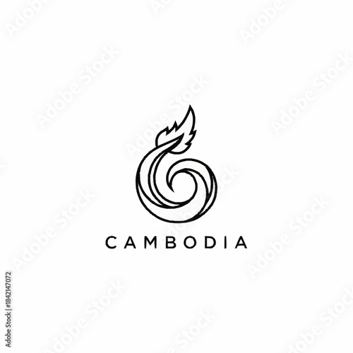 Minimalist black and white logo featuring a stylized swirling flame design with traditional Cambodian influence and the text 'CAMBODIA'.