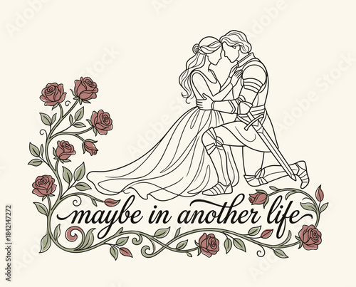 Knight embracing princess surrounded by roses line art vector