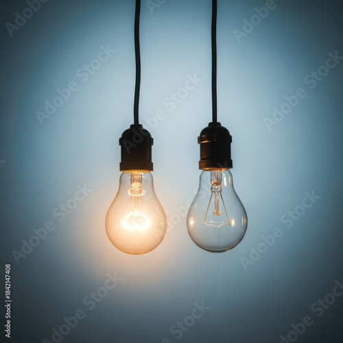 Two light bulbs hanging from the ceiling with one illuminated