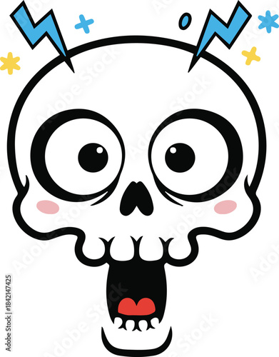 Vector illustration of a shocked cartoon skull with wide eyes and an open mouth, featuring blue lightning bolts and stars to indicate sudden surprise or an electric shock.
