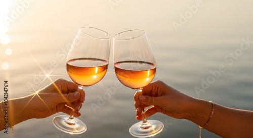 Two hands clinking wine glasses against ocean background at sunset  