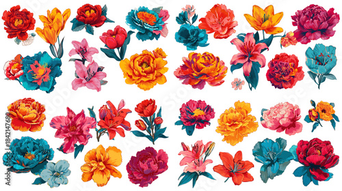 Watercolor floral illustration collection with richly colored blooming flowers arranged individually perfect for botanical decor textile patterns and vibrant nature inspired design.