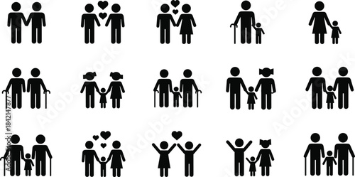 Family Love and Elderly Care Icons – Isolated on Transparent Background Black Vector Illustration