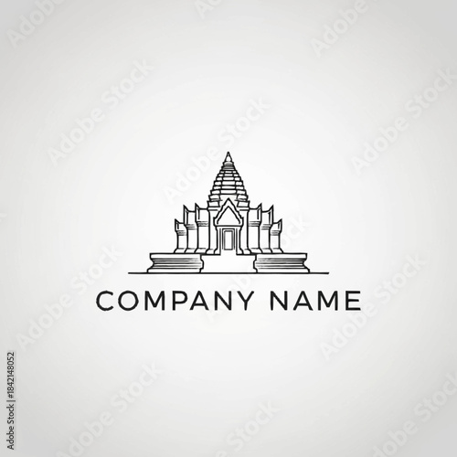 A minimalist line art logo featuring an ancient temple or pagoda design with a central spire and symmetrical elements.