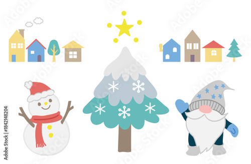 星が輝く街路樹と雪だるまとクリスマスノームのイラスト