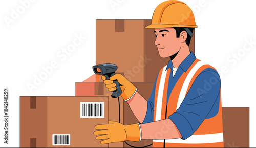 Warehouse worker scanning barcodes on boxes with handheld device, wearing safety gear, helmet, vest, logistics and inventory management illustration
