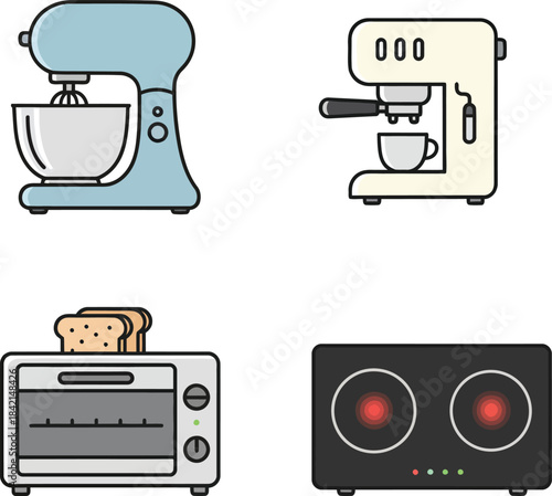 Cute Kitchen Appliances Set – Mixer, Coffee Maker, Toaster, Stove Icons