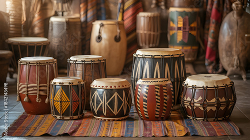 Collection of traditional african drums and percussion instruments in a studio setting