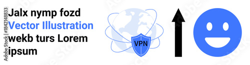 Cybersecurity, data protection, VPN services, internet growth, user privacy, secure web access. Shield with VPN text, upward arrow happy face. Cybersecurity and data protection theme
