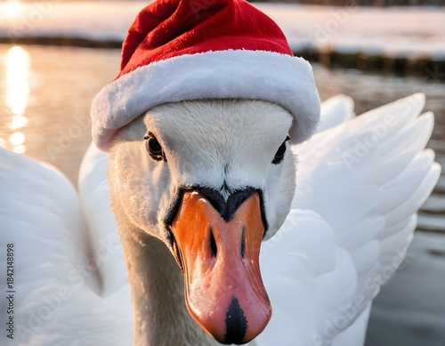 a swan wearing a santa hat