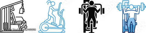 Gym Equipment and Workout Icons – Isolated on Transparent Background Fitness Exercise Machine Vector Set
