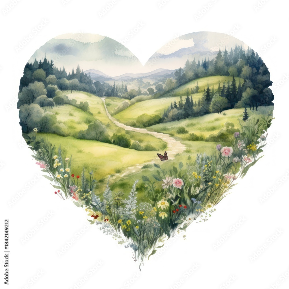 Fototapeta premium Heart watercolor meadow landscape outdoors nature.