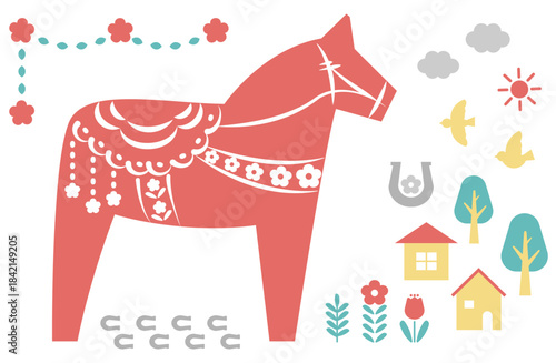 ダーラナホースのイラストと北欧風の可愛いアイコンセット